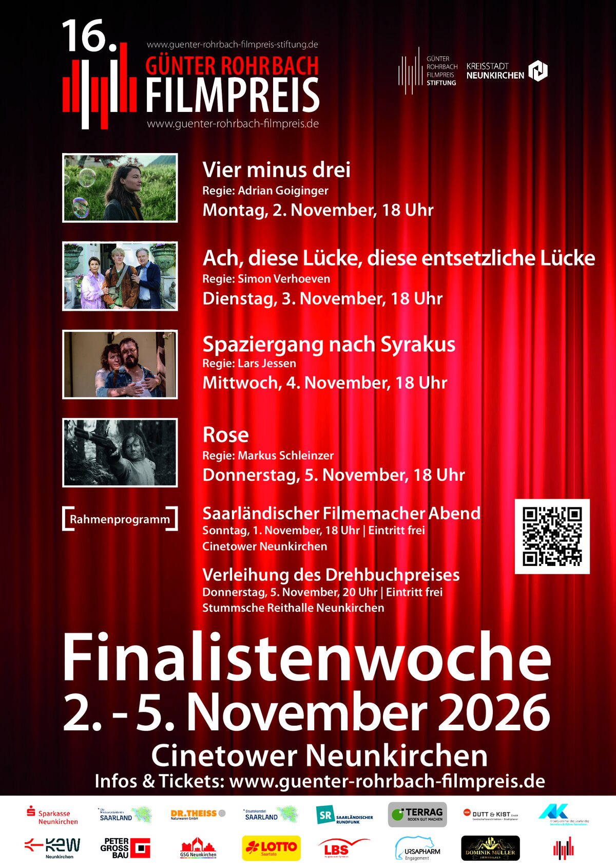 Plakat Finalistenwoche 2.–5. November 2026 im Cinetower Neunkirchen mit den vier Finalistenfilmen